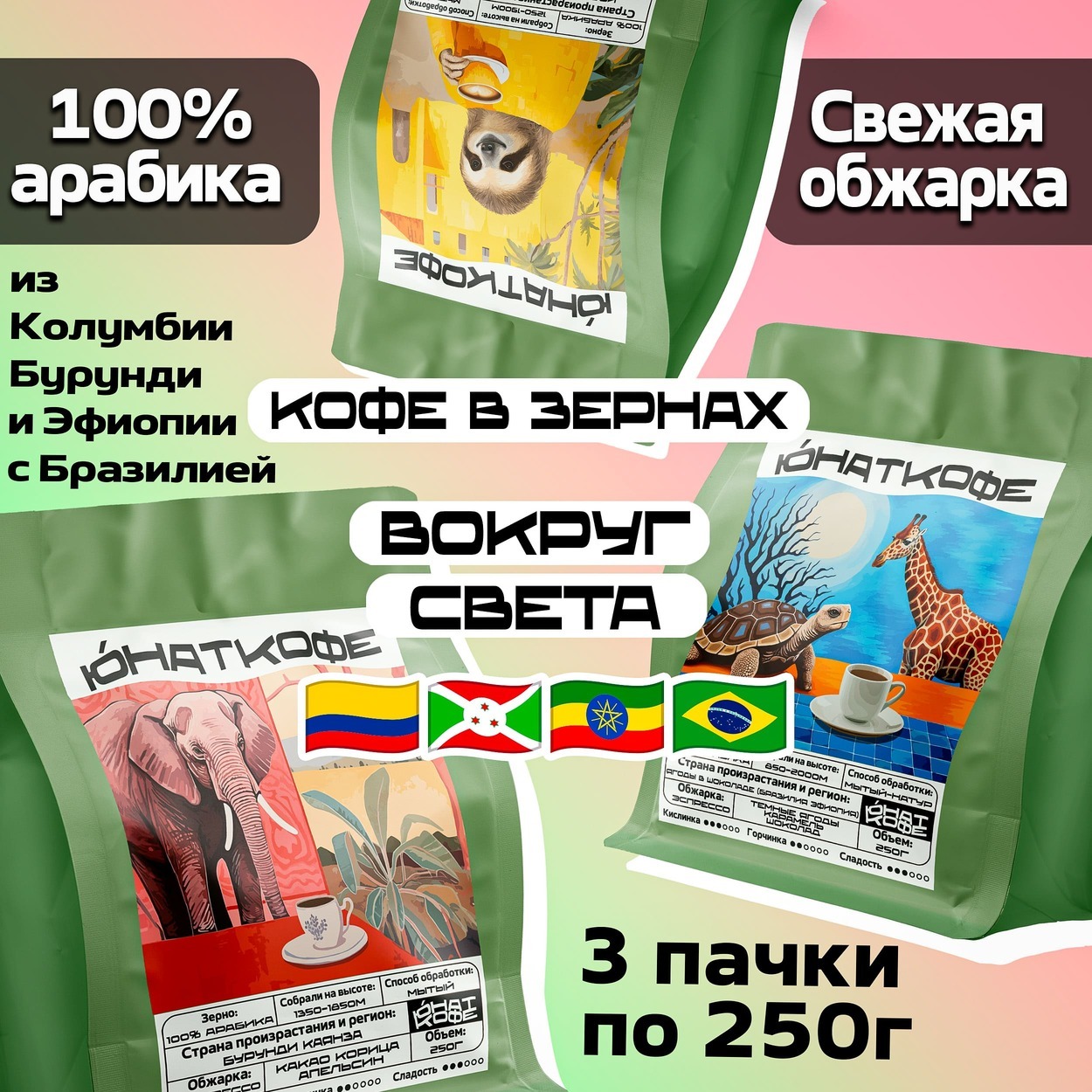 Кофе «Набор Вокруг Света - Колумбия, Бленд Бразилия Эфиопия, Бурунди»